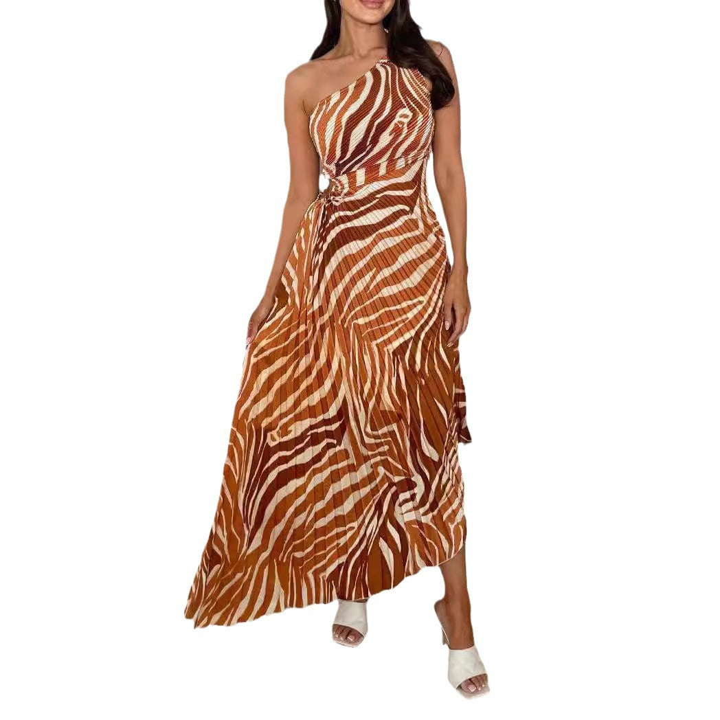 Asymmetrical Shoulder Floral Print Pleated Maxi Dress