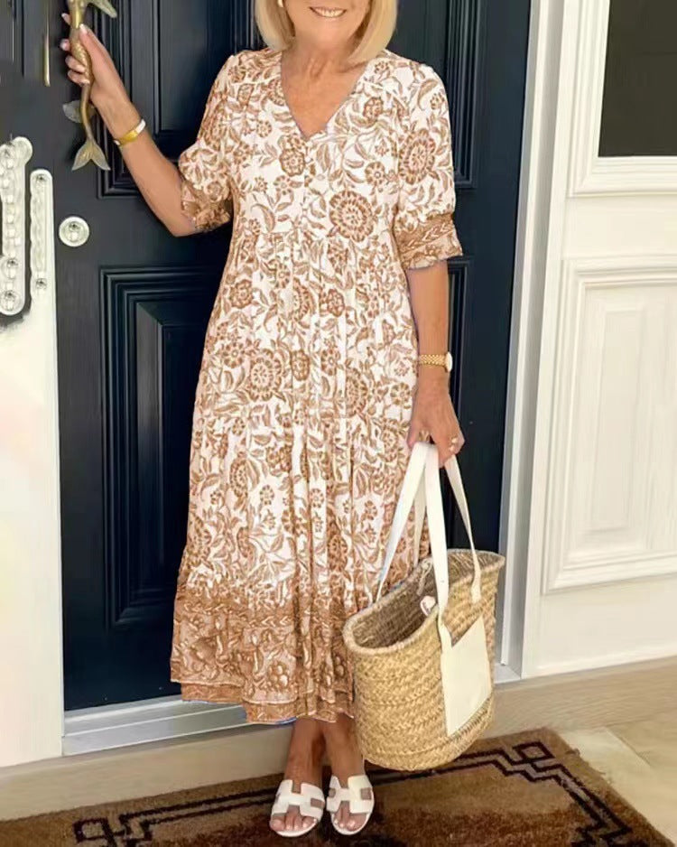 V-Neck Floral Dress, Seaside Resort Beach Dress, Loose And Versatile Long Dress