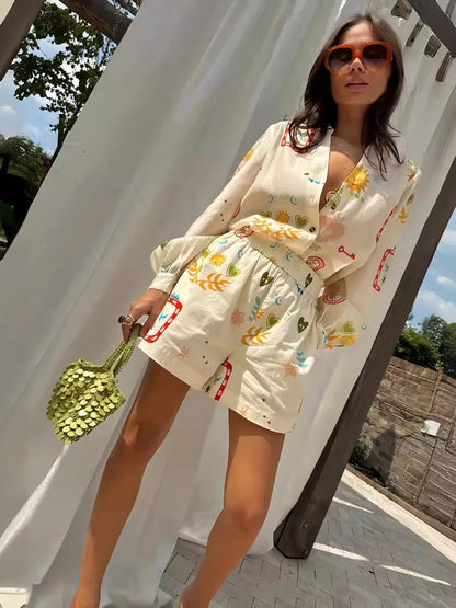 Fashion Print Linen Casual Cardigan Shorts Set