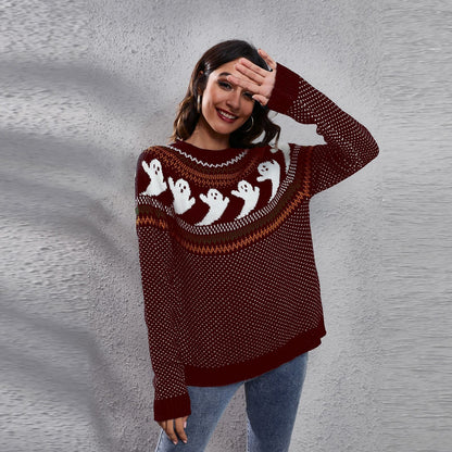 Halloween Ghost Vintage Polka Dot Long Sleeve Knitted Sweater Women'S Loose Wear