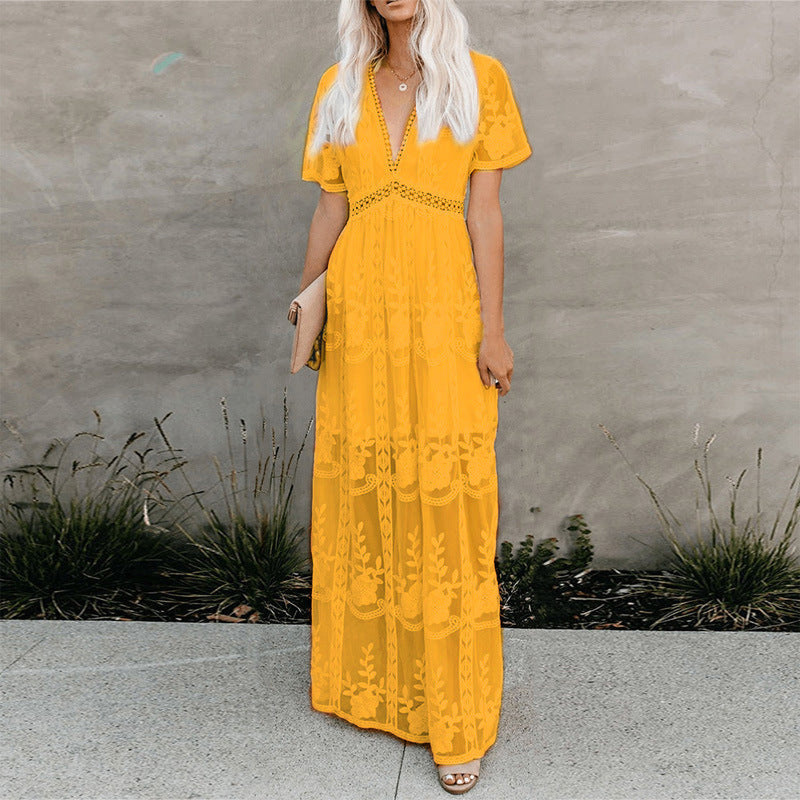 Lace Dress Sexy V-Neck Embroidered Solid Color Maxi Dress