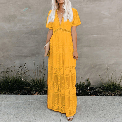 Lace Dress Sexy V-Neck Embroidered Solid Color Maxi Dress