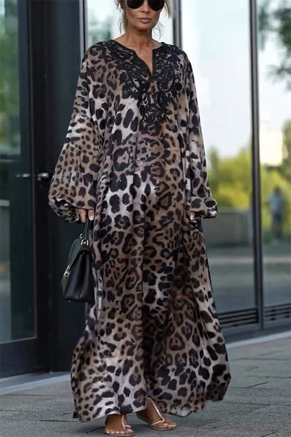 Loose Fit Leopard Print Long Sleeve Dress