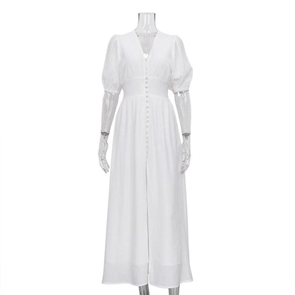 Elegant Puff Sleeve Fitted Maxi Dress with Slit