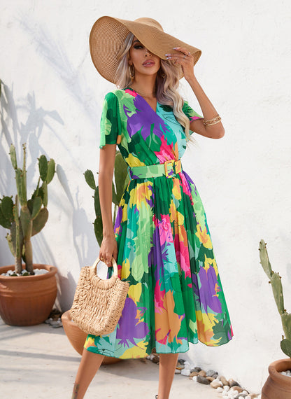 Summer Floral Print Pressed Short-Sleeved Dress