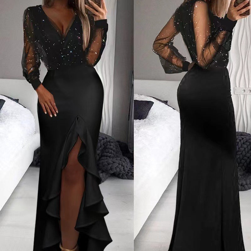 Elegant Black Sheer Sequined Maxi Dress For Casual Outfits