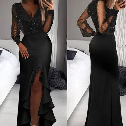 Elegant Black Sheer Sequined Maxi Dress For Casual Outfits