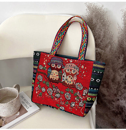 Bohemian Floral Embroidered Tote Bag Stylish Canvas Shoulder Bag