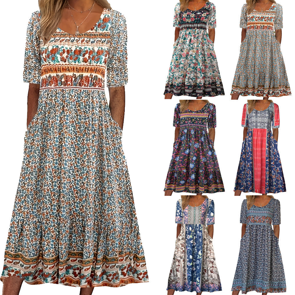 Summer New Women'S Round Neck Short Sleeve Long Skirt Bohemian Print Dress