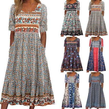 Summer New Women'S Round Neck Short Sleeve Long Skirt Bohemian Print Dress