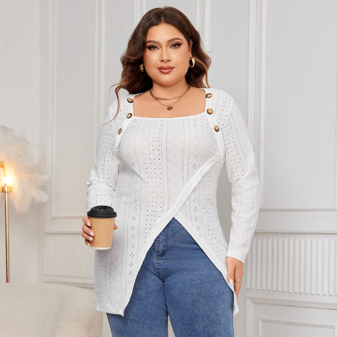 White Long Sleeve Square Neck Blouse Casual Plus Size Tunic