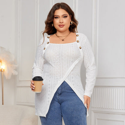 White Long Sleeve Square Neck Blouse Casual Plus Size Tunic