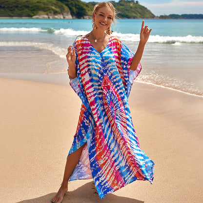 Printed Beach Skirt Loose Robe Seaside Holiday Bikini Swimsuit Smock Sunscreen Blouse Women