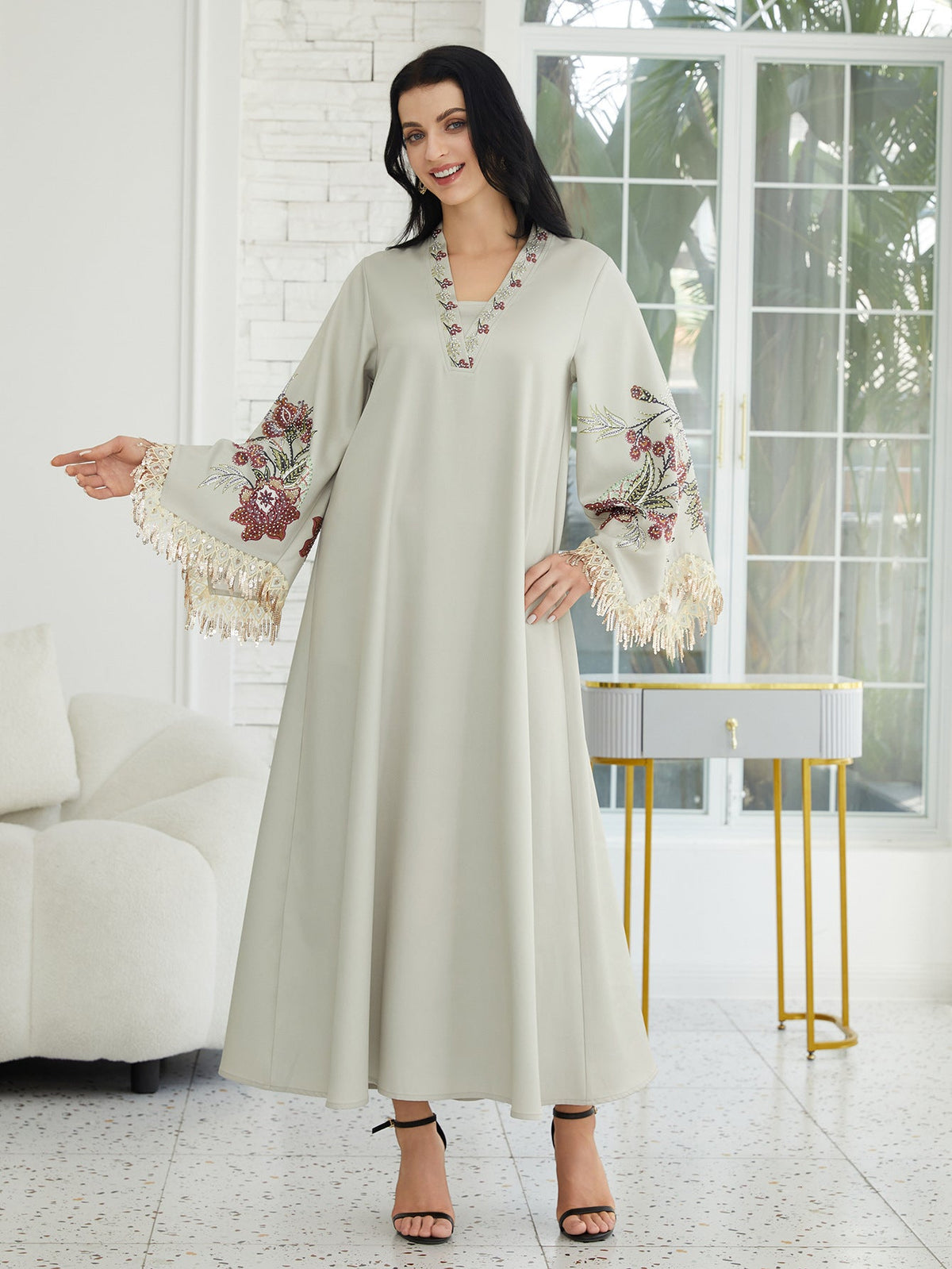 V-Neck Printed Fringed Abaya Dress for Women