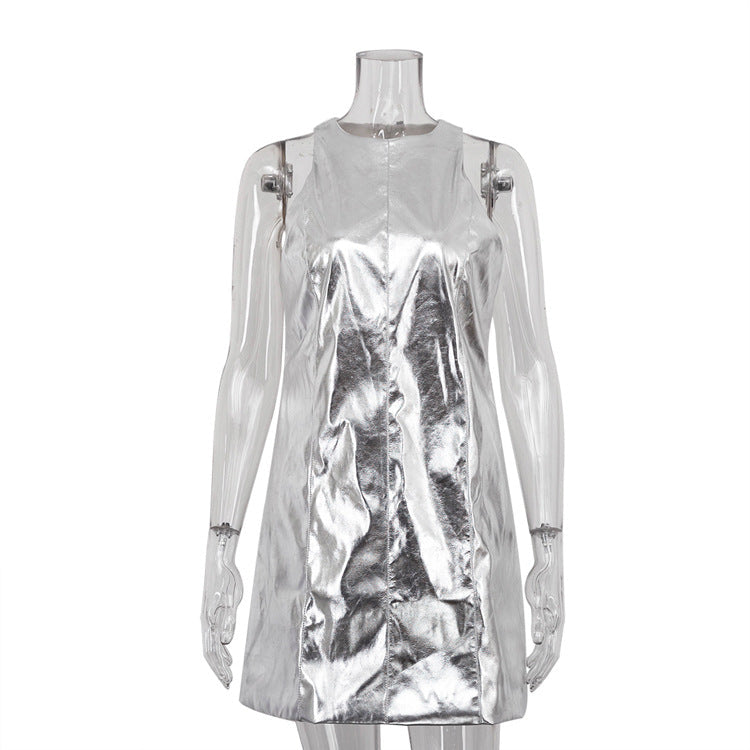 Sleeveless Silver PU Mini Dress for Night Out