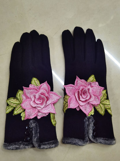 Ethnic Embroidery And Velvet Warm Embroidery Gloves Refer To Touch-Screen Gloves And Velvet Cycling Five-Finger Gloves