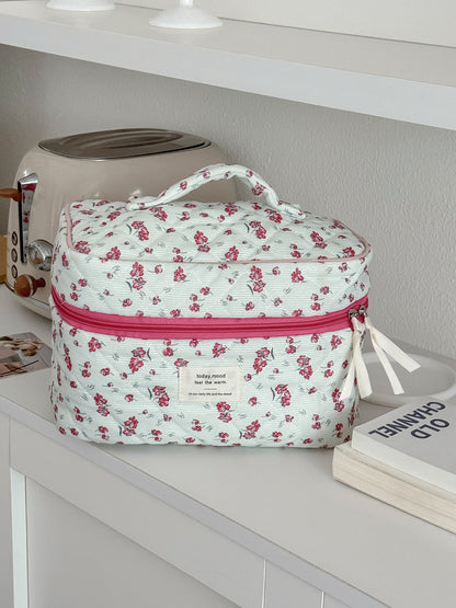 Floral Corduroy Makeup Bag Stylish Portable Toiletry Pouch