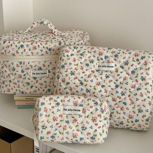 Corduroy Floral Cosmetic Bag Soft Quilted Travel Pouch