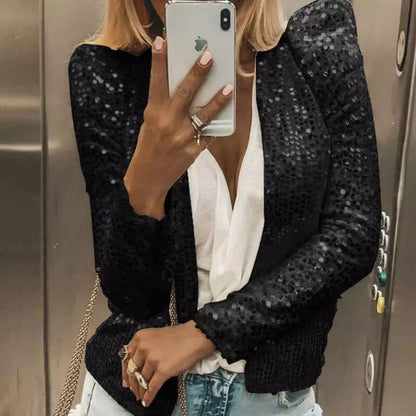 New Women'S Fashion Stand-Up Collar Color Block Color Sequin Coat Short Casual Versatile Small Coat