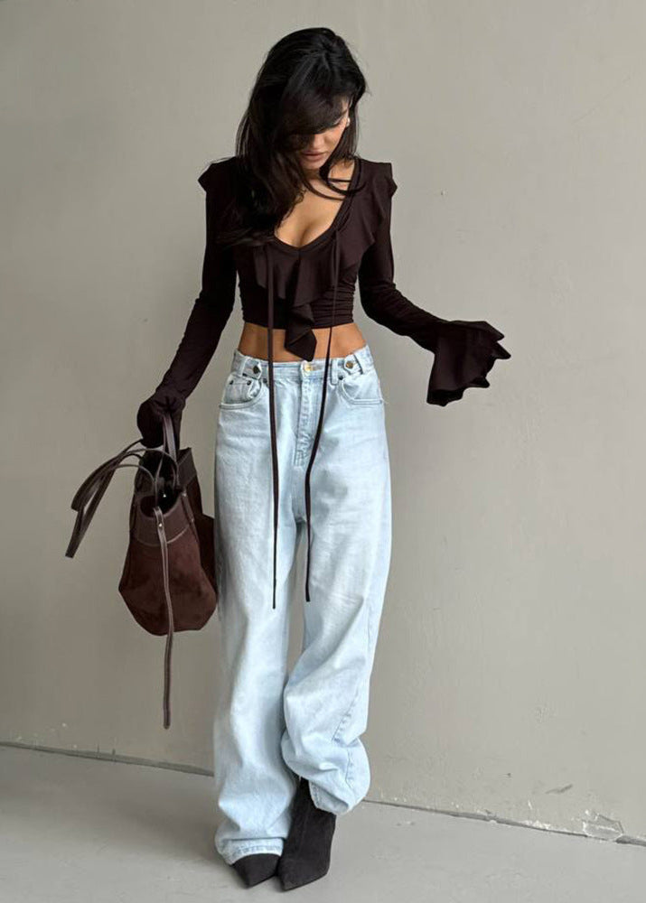 Ruffled Tie Front Long Sleeve Stretch Top