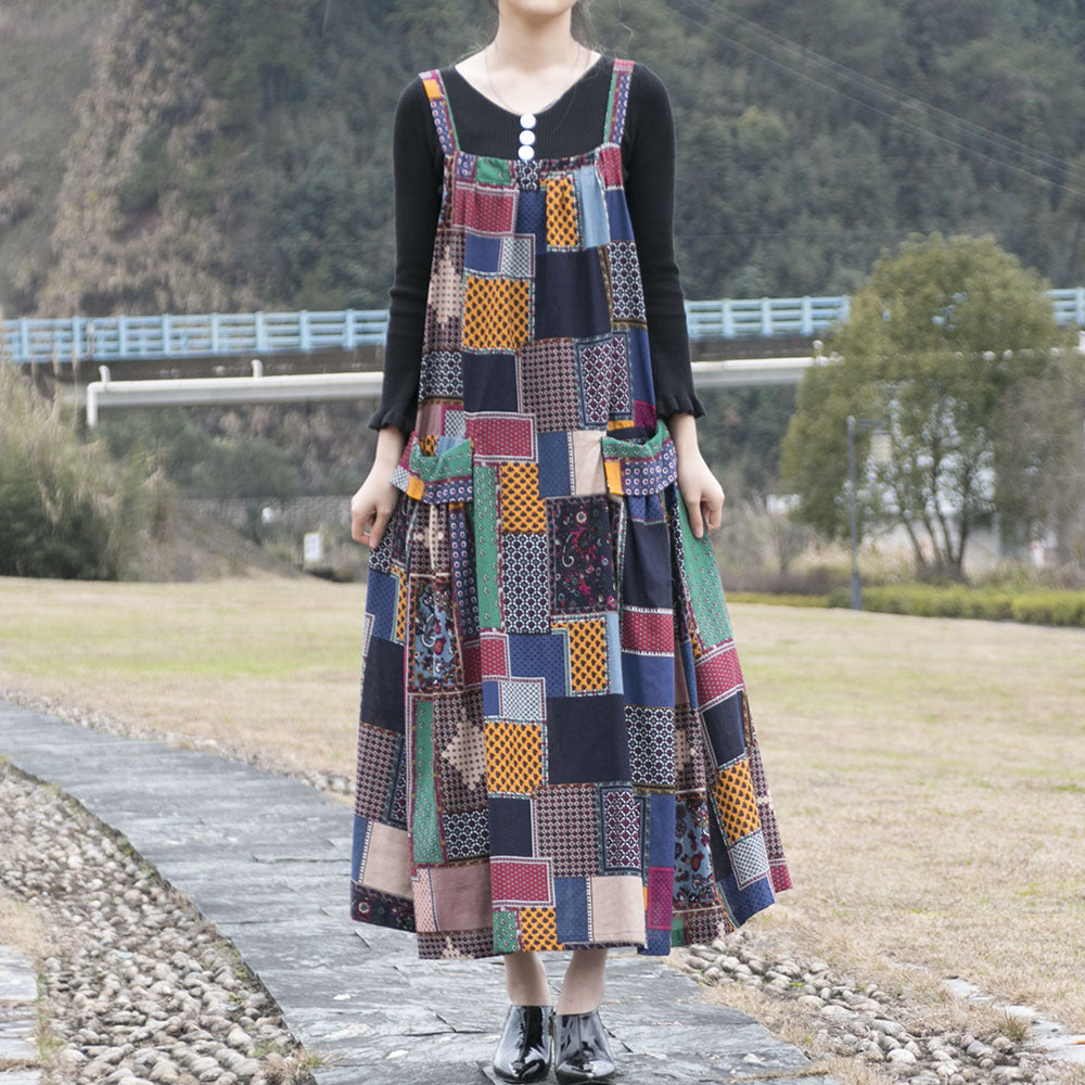 Spring And Autumn Ethnic Style Printed Cotton Hemp Strap Dress Loose Swing Large Pocket Long Dress
