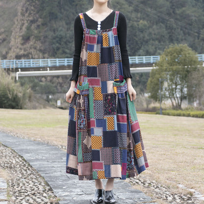 Spring And Autumn Ethnic Style Printed Cotton Hemp Strap Dress Loose Swing Large Pocket Long Dress