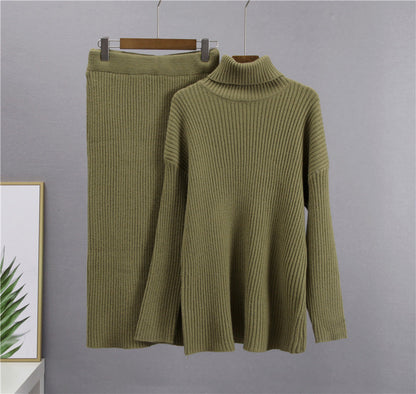 Ribbed Knit Turtleneck Sweater Midi Skirt Set