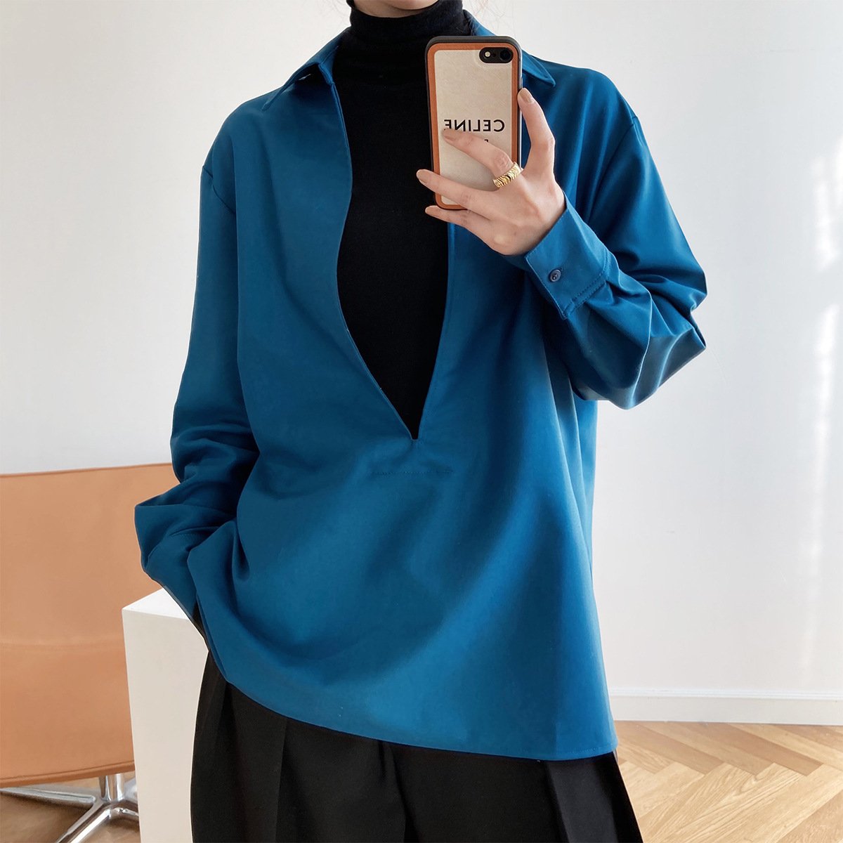 Design Sense Light Mature Long Sleeve V-Neck Shirt Women'S Fashion Overlay Top