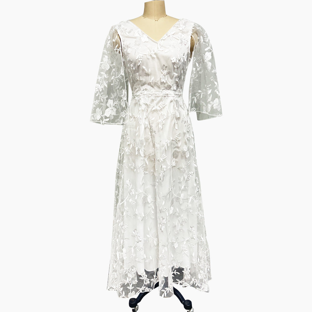 Deep V Neck Lace Back Midi Dress Elegant Evening Gown