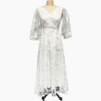 Deep V Neck Lace Back Midi Dress Elegant Evening Gown