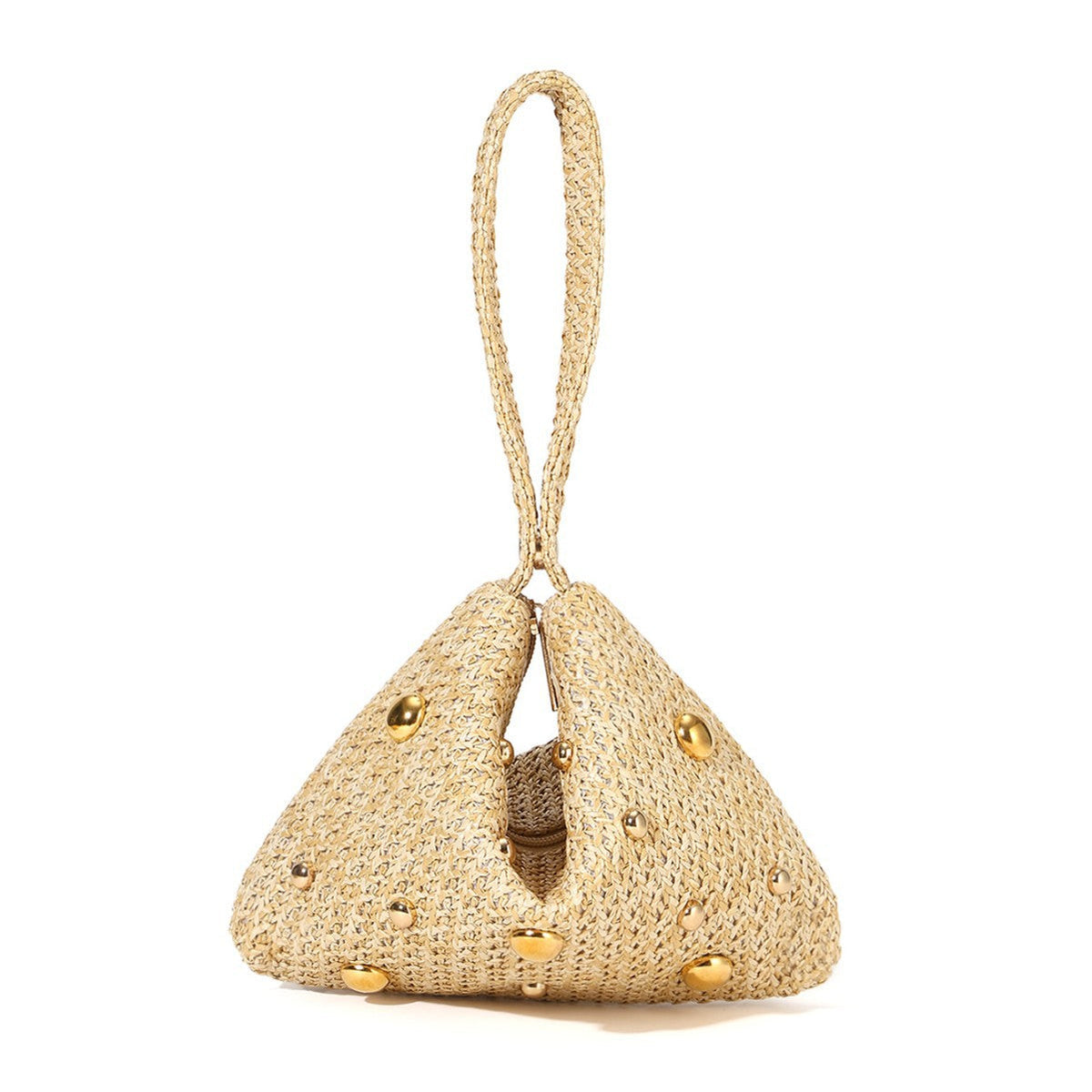 Trendy Rivet Bead Straw Evening Clutch Handbag