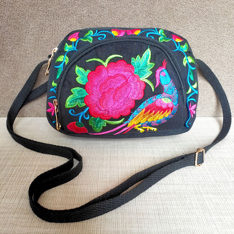 New Ethnic Style Embroidery Bag Women'S Embroidery Crossbody Three-Layer Zipper Shoulder Bag