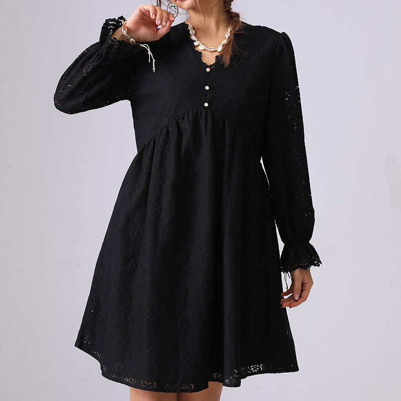 Hollow Lace Ruffle V-Neck Mini Dress