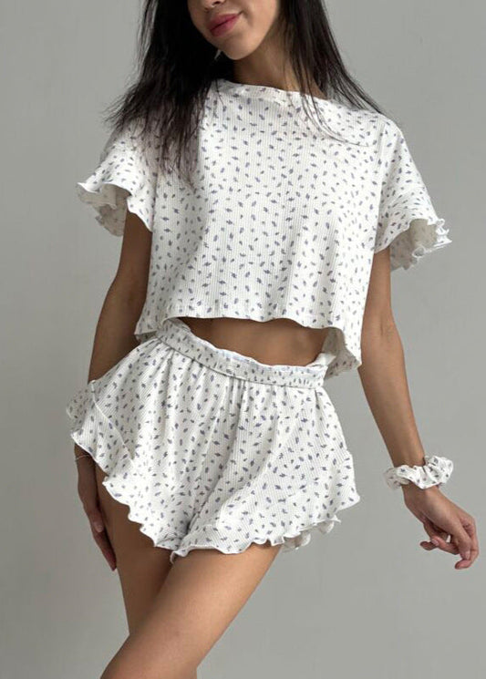 Ribbed Cotton Lounge Set With Ruffles