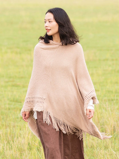 Summer Solid Color Hooded Shawl Women'S Knitting Outside With Spring And Autumn Travel Tassel Pullover Hooded Cape Shawl