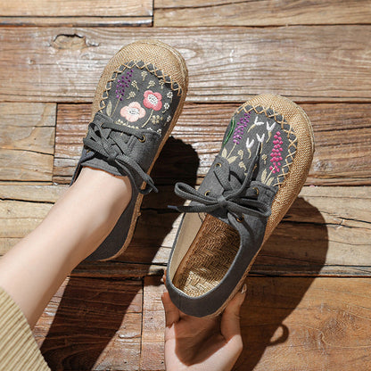 Leisure Lace Up Front Buckle Round Head Women'S Embroidered Shoes, Low Cut Flat Heel Cotton Linen Cloth Shoes, Spring And Summer Single Shoe