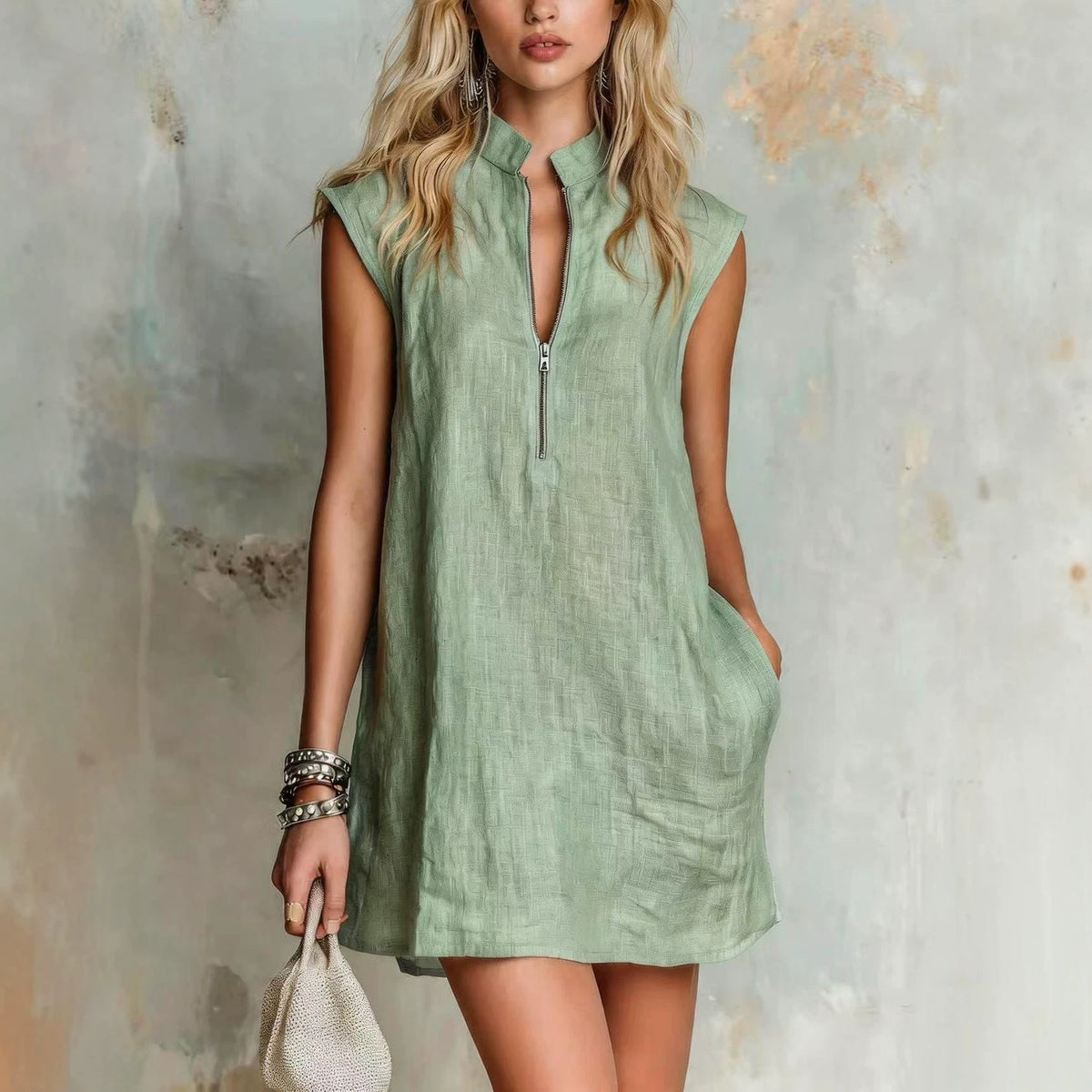 Linen Stand Collar Half Zip Sleeveless Pocket Mini Shift Dress