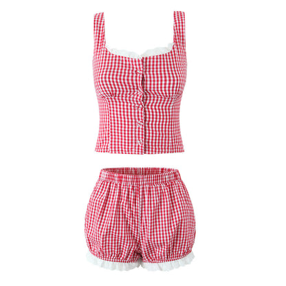 Cute Lace Trim Cami Pleated Bubble Shorts Set