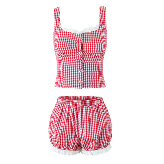 Cute Lace Trim Cami Pleated Bubble Shorts Set