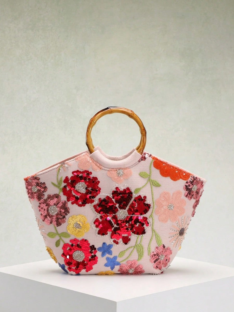 Elegant Floral Sequin Tote Bag With Bamboo Handle