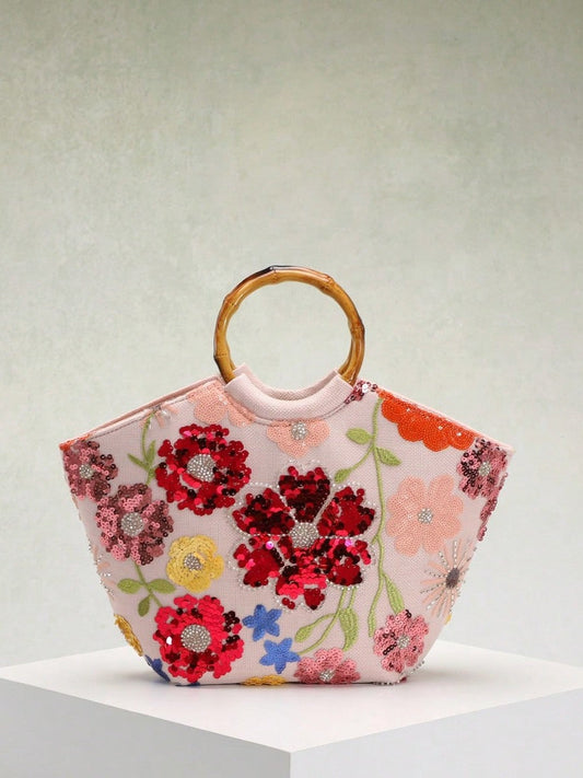 Elegant Floral Sequin Tote Bag With Bamboo Handle