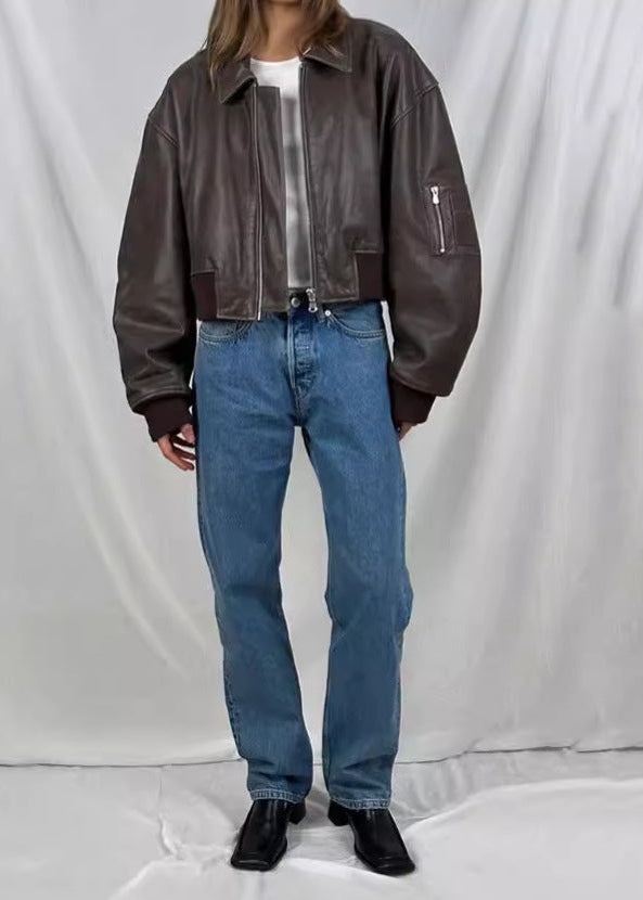 Leather Bomber Jacket Cropped Fit Gray