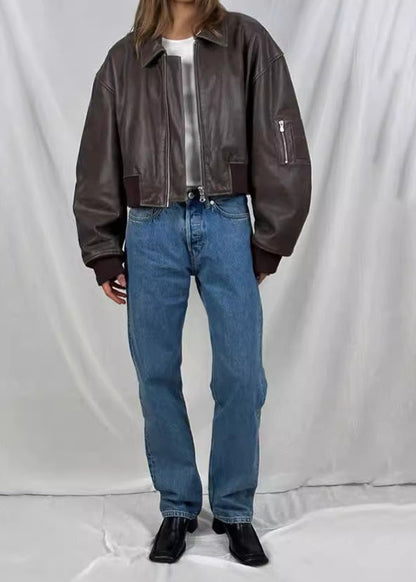 Leather Bomber Jacket Cropped Fit Gray