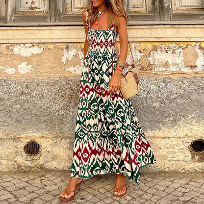 Summer Women'S Elegant Print Elastic Strap Skirt Holiday Style French Fragmented Flower Hanging Strap Long Dress
