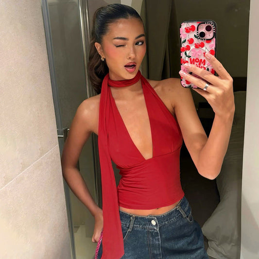 Sexy Backless Tie-Front Crop Top