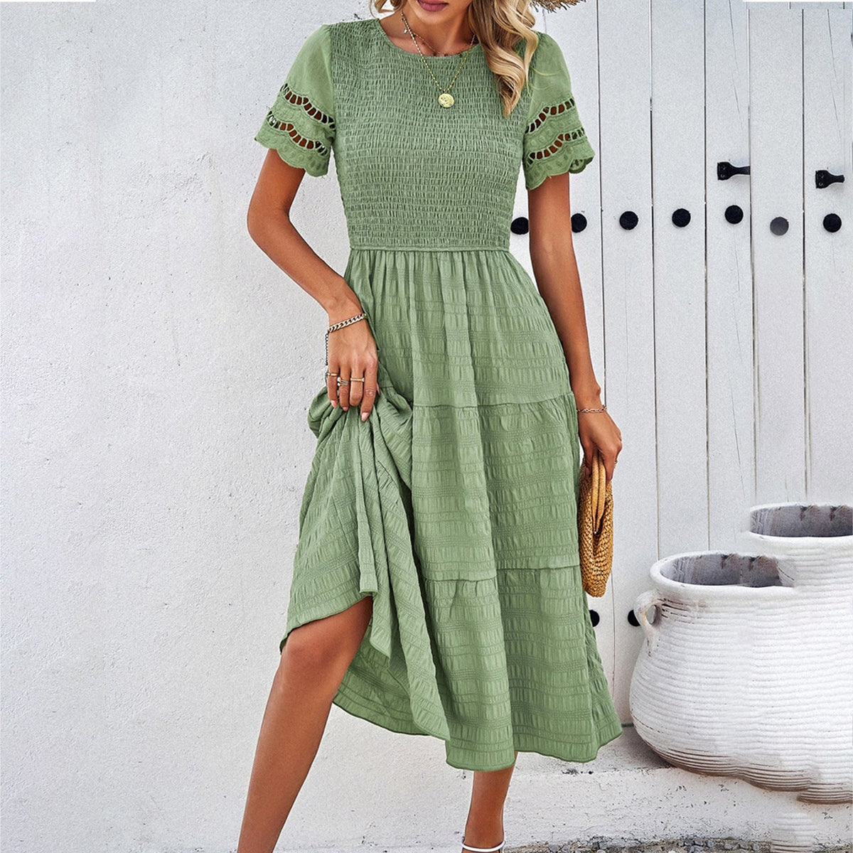 Casual Solid Color A-Line Dress with Short Sleeves