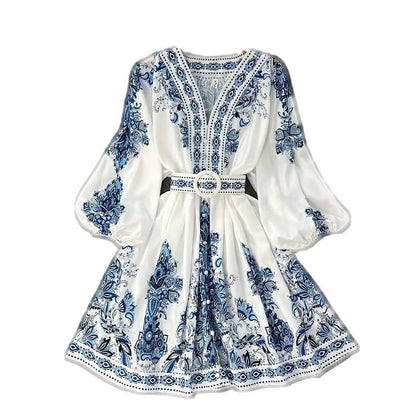 Fall New Women'S Fashion V-Neck Long Sleeve Bohemian Print Dress
