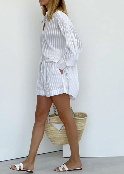 Striped Cotton Shirt And Shorts Set White