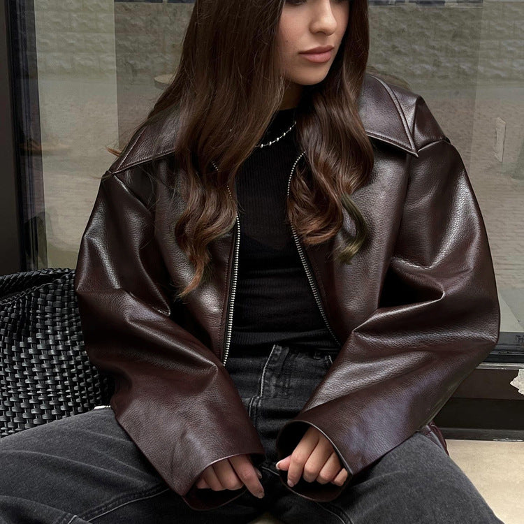 Fashionable PU Leather Motorcycle Jacket Casual Oversized Outerwear