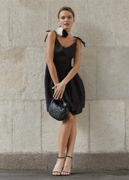 Linen Mini Dress With Tie Straps And Flared Skirt